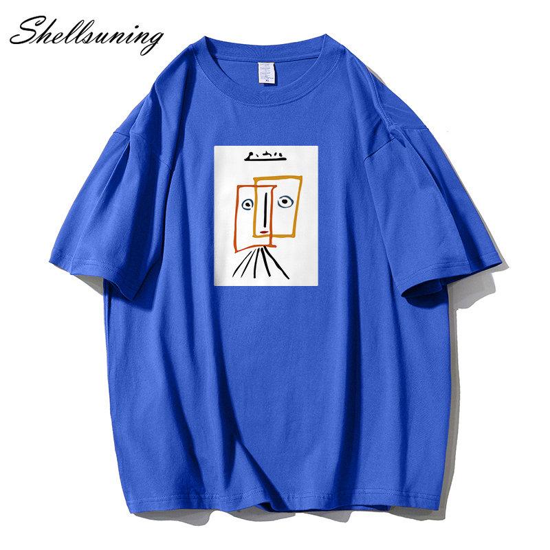 Shellsuning Cartoon Printing T-shirt Women Summer Fashion Casual Simple Short Sleeve 100% Cotton Soft Tees Female Oversized Basic Couple Tops