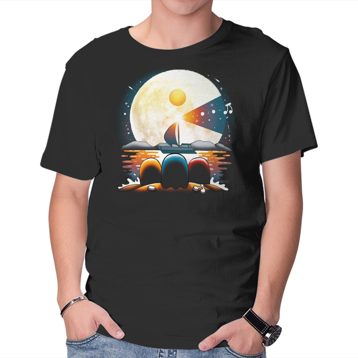 Unisex Crew Neck T-Shirt Gaming Moon Beach Graphic Short Sleeve Casual Tee XXL