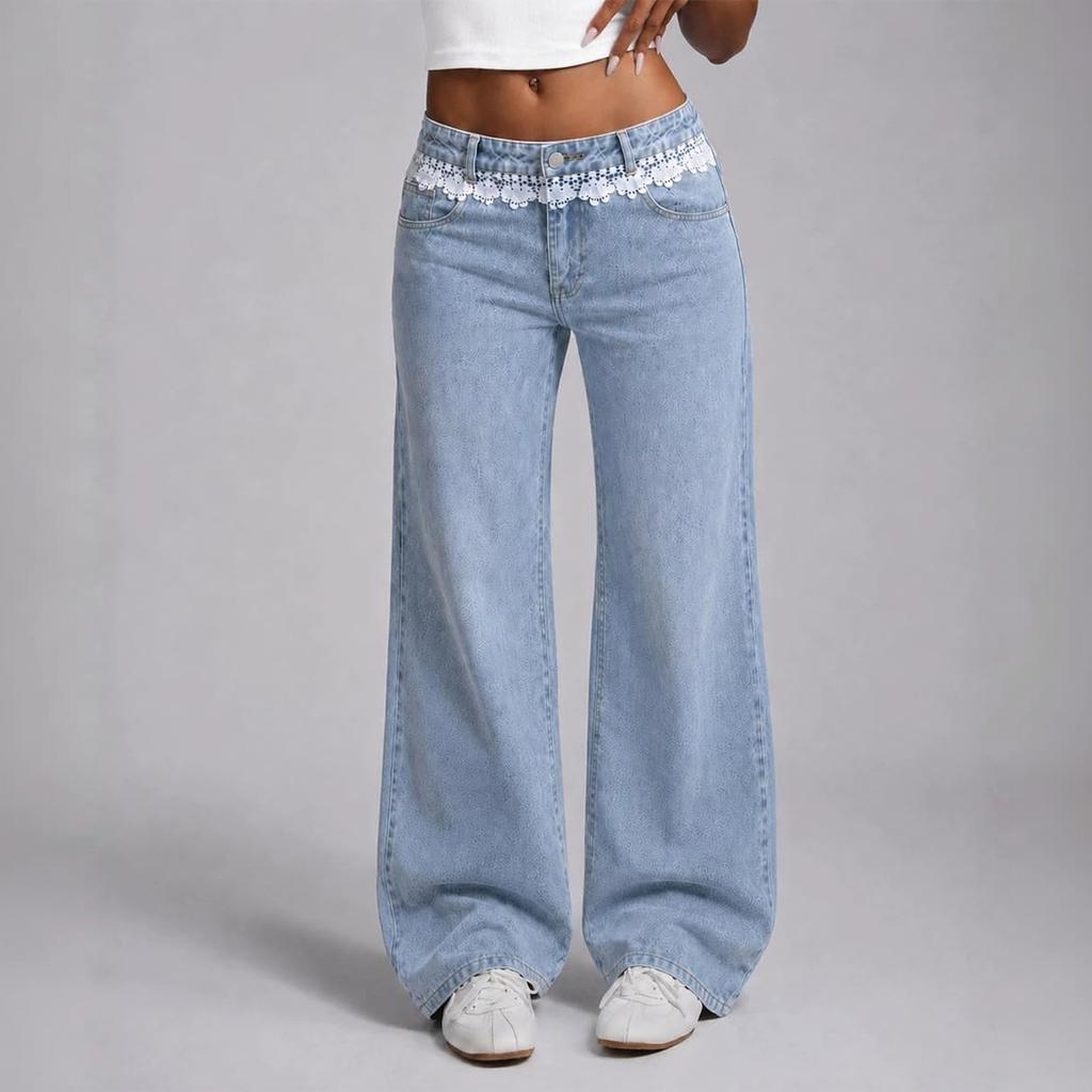Women's Casual Wide Leg Jeans with Lace Trim Waistband for Everyday Wear
