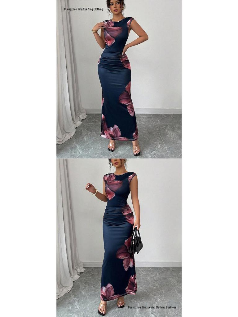 European & American Sleek Sleeveless Printed Bodycon Sheath Dress