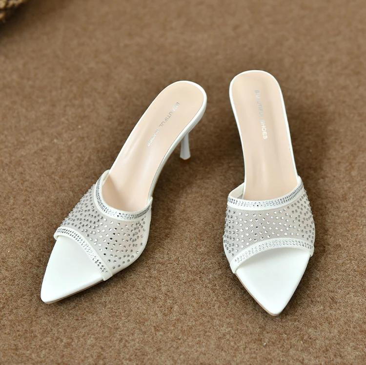 Fashionable Versatile High Heel Slippers Pointed Toe Rhinestone Decorated One-piece Strap Sandals Casual Elegant Ladies Shoes