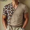 Tricouri casual cu mânecă scurtă și gât în V pentru bărbați, cu petic leopard și fundă
