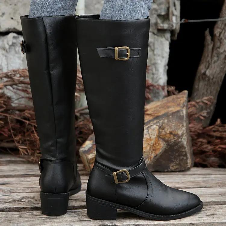 Fashion Woman Thick Heeled Long Boots Autumn Winter Pu Leather Mid Calf Boots Woman 2025 Buckle Strap Side Zipper Motorcycle Boots