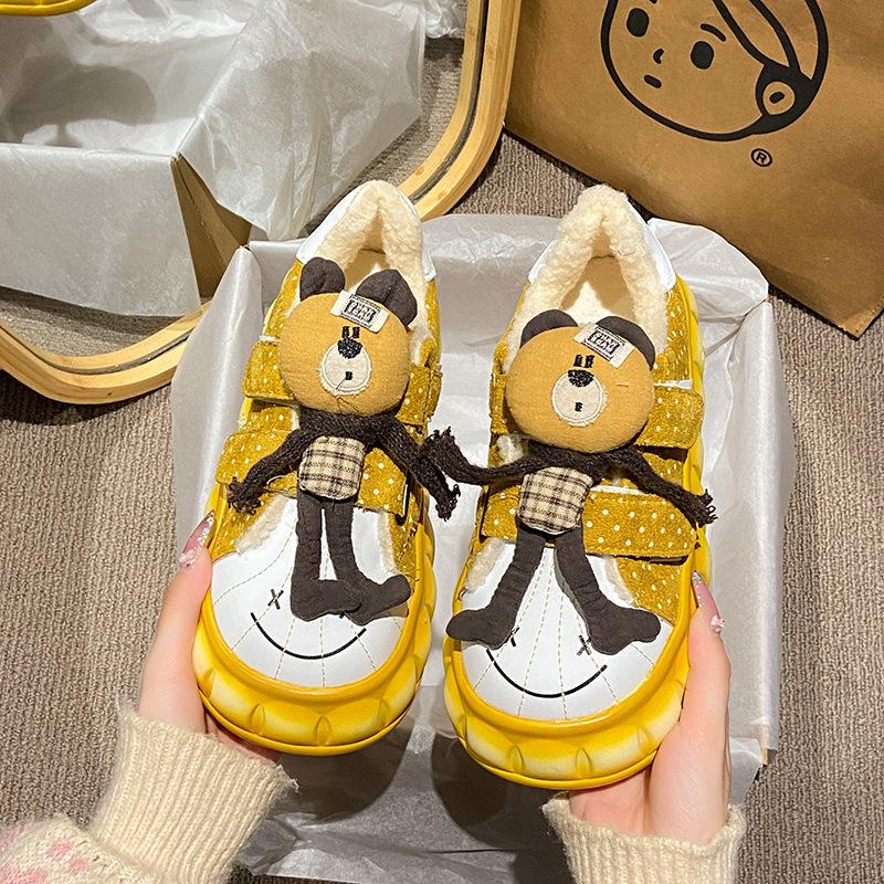 Women's fashion cartoon bear lightweight soft sole winter warm fur one snow boots velvet lined non-slip casual sports cotton boots board shoes