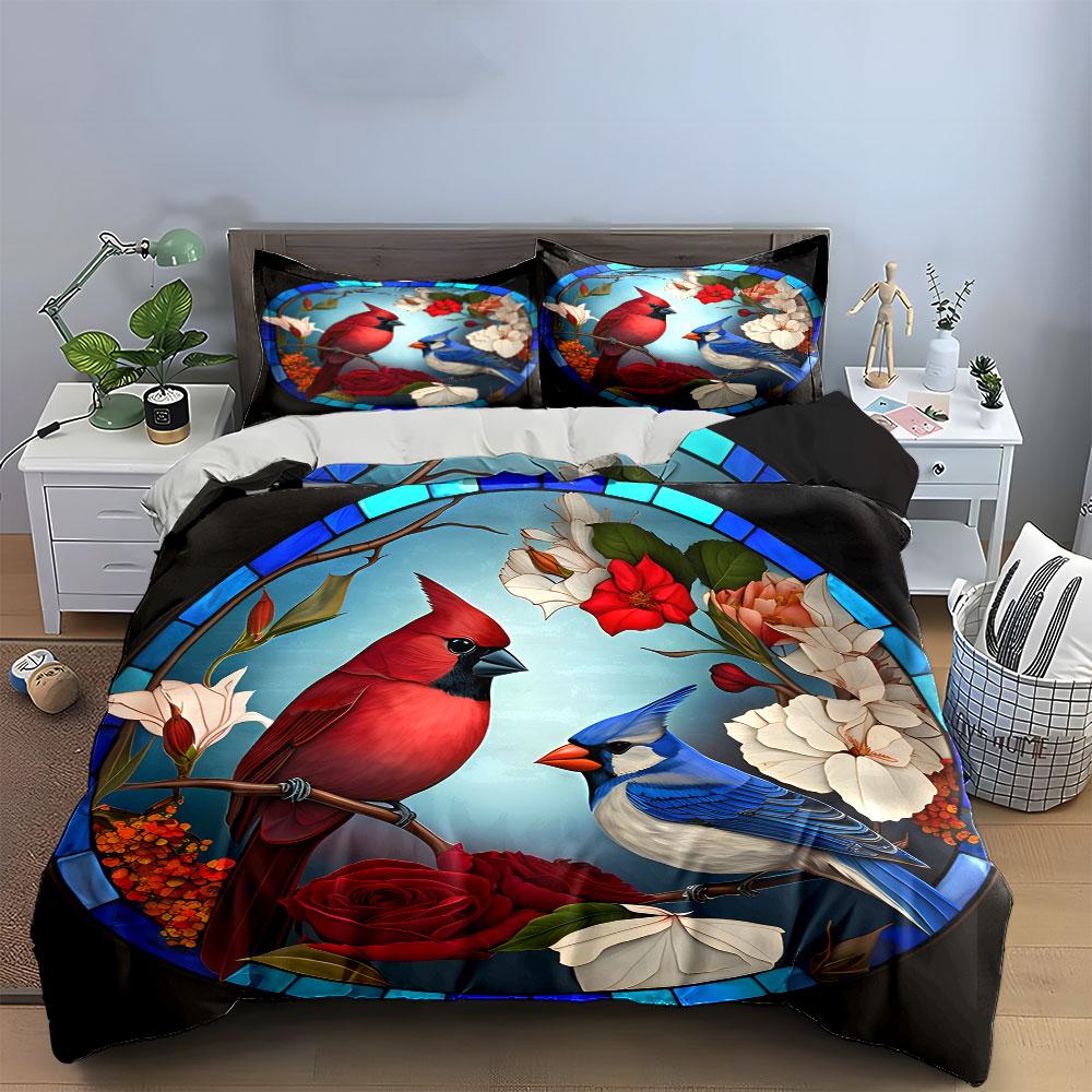 Bird-Themed Stained Glass Art Set Exquisite Three-piece Bedding Set Gift for Kids and Adults