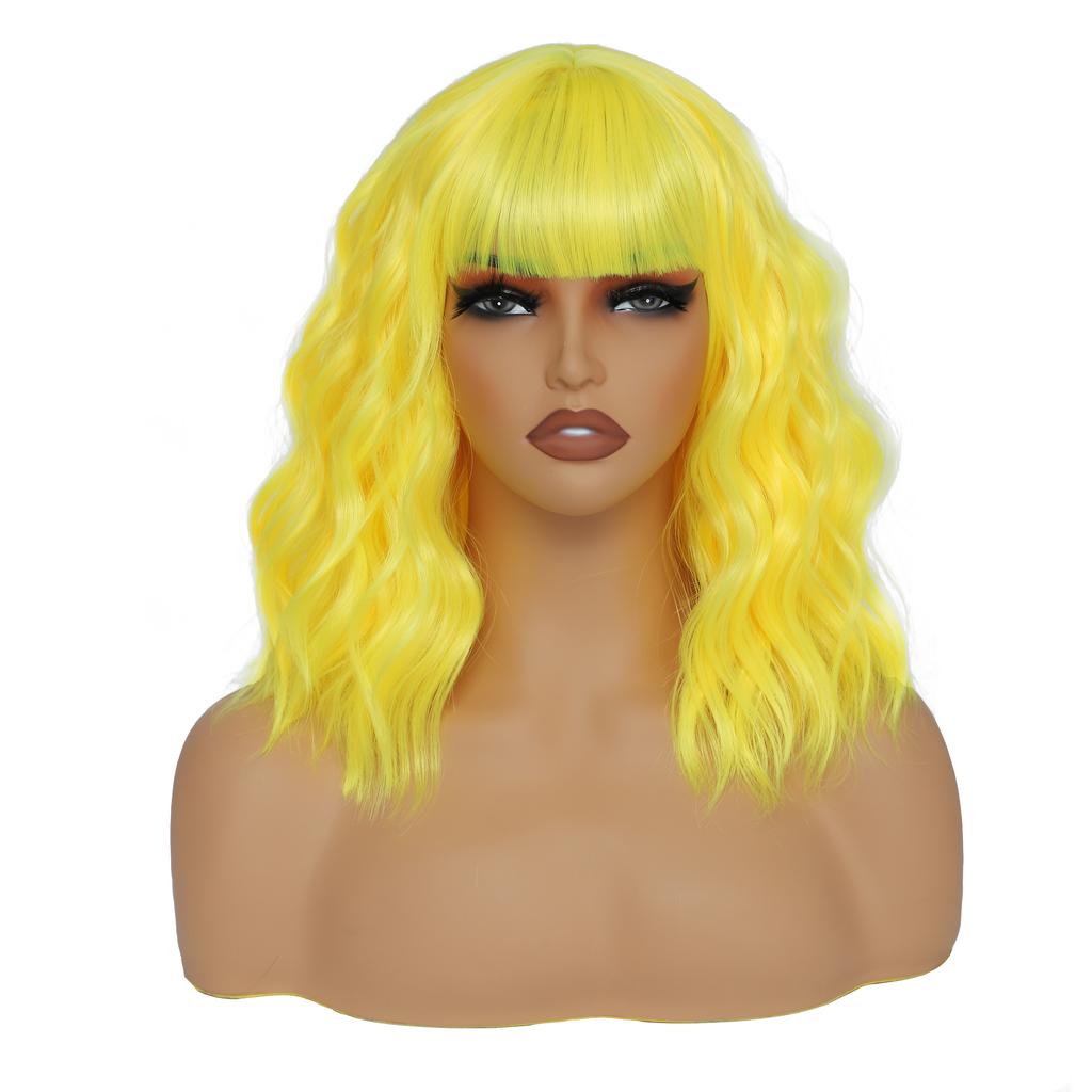 Bob Wig With Bangs 12 Inch Short Wavy Bob Wig Synthetic Blue Orange Pink Yellow Purple Red Wigs For Women Cosplay Halloween Daily Use