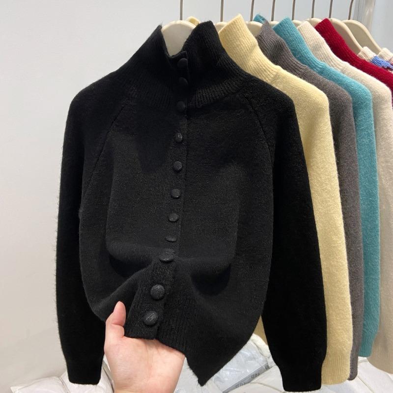 

Водолазка утолщенная куртка-свитер женская весенняя однобортная вязаная кофта топ большого размера мягкий восковой свитер XL чёрный
