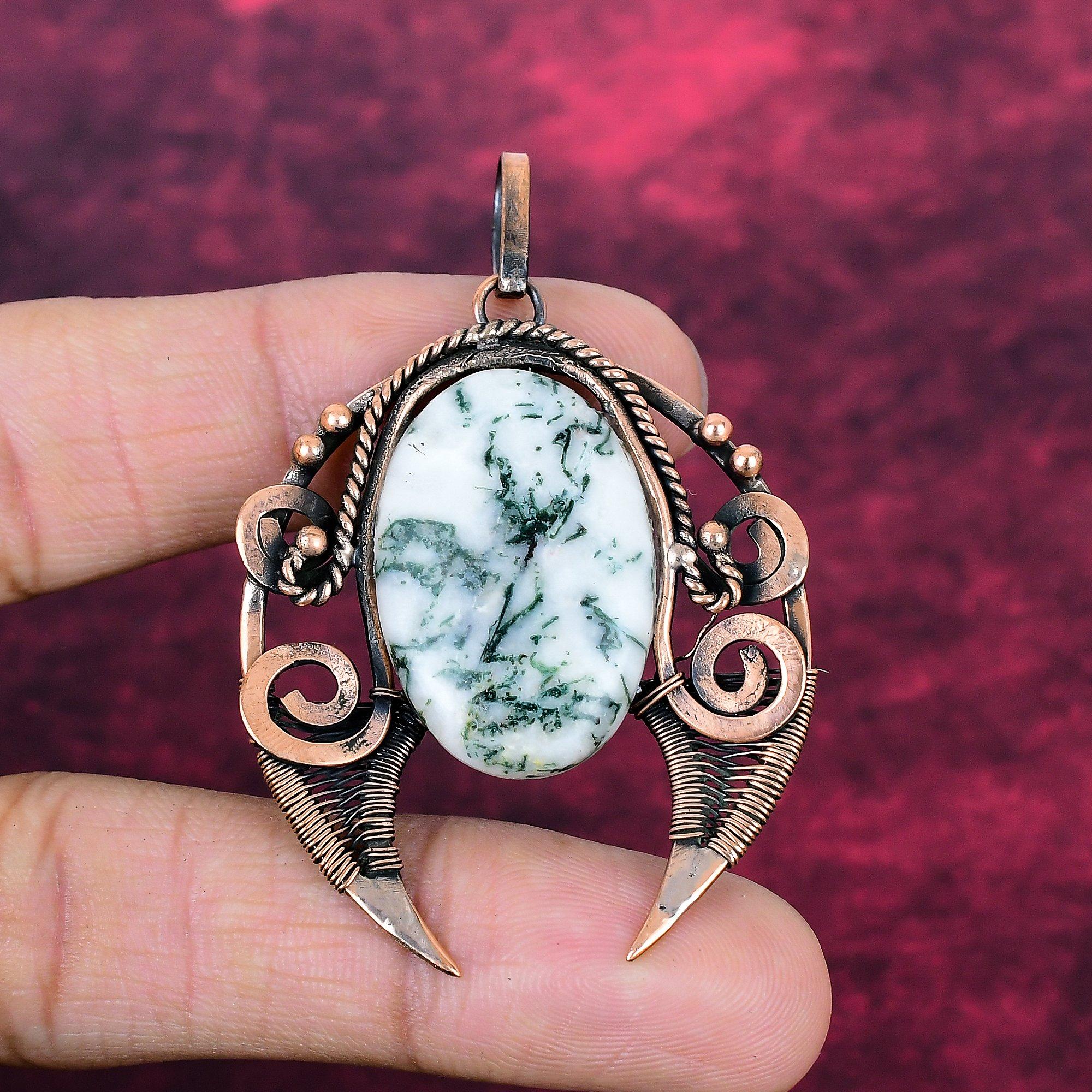 Tree Agate Gemstone Pendant Handmade Dainty Pendant Copper Wire Wrapped Jewelry