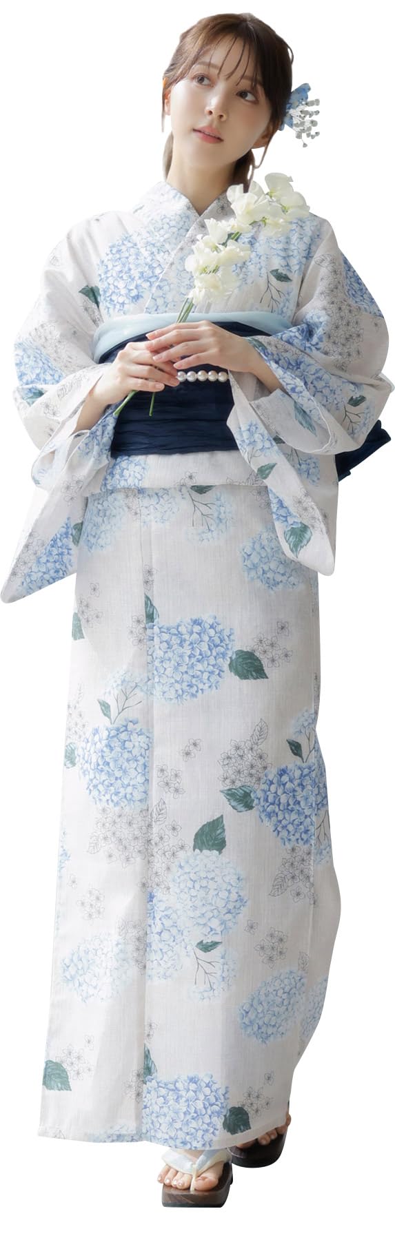 

(Дита) Женский комплект из 5 предметов Юката Dita: Хайко Оби (Кушак), Синий, Светло-синий, Белый, Гортензия, Прозрачная акварель, Японский стиль, Простой, Легко