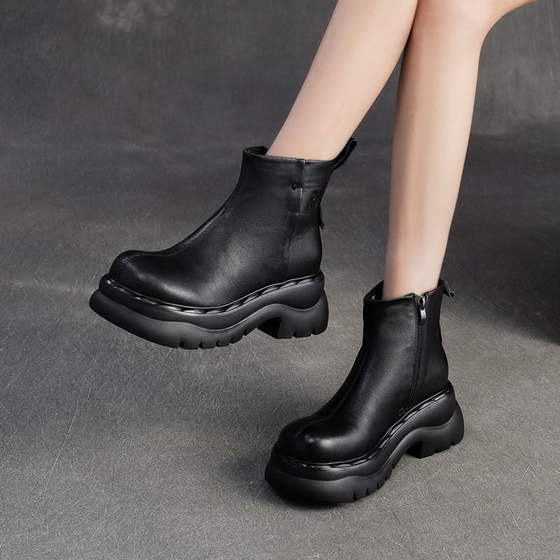 Johnature Genuine Leather Thick Soled Ankle Boots Retro Round Toe Thick Heeled Women's Short Boots