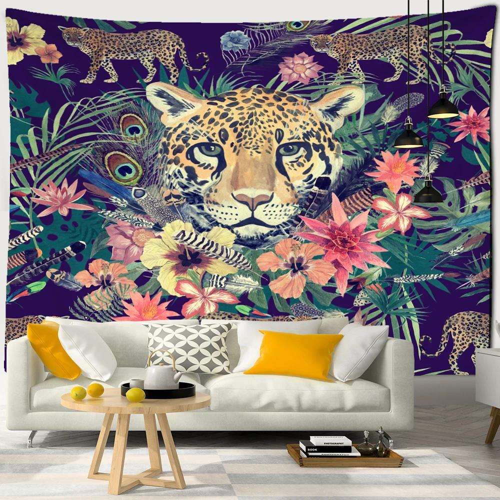 Mysterious Forest Tapestry Wall Hanging Flowers Jungle Animals Moon Ocean Landscape Illustration Room Home Decor