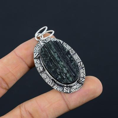 Natural Black Tourmaline Rough Gemstone Pendant 925 Sterling Silver For Women