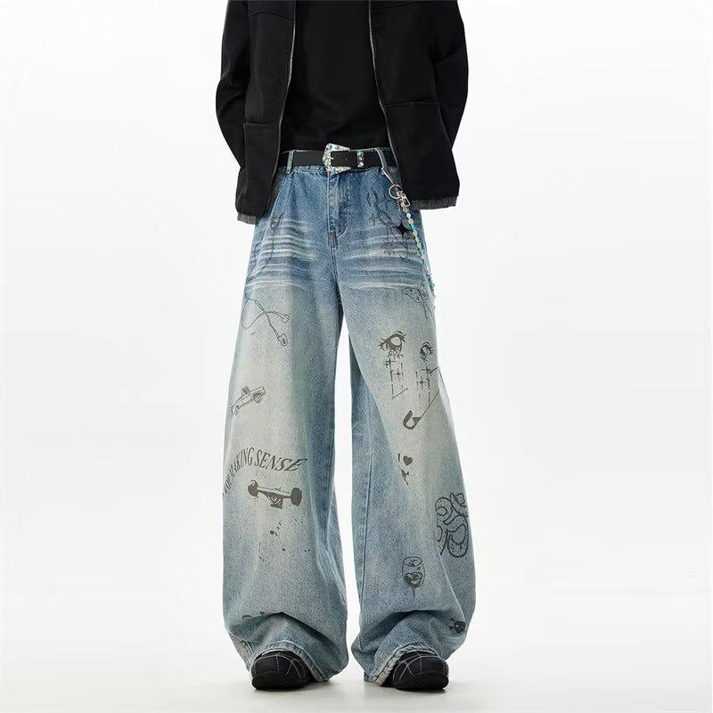 American retro graffiti jeans men's and women's loose straight design wide-leg pants men's trendy brand casual versatile trousers