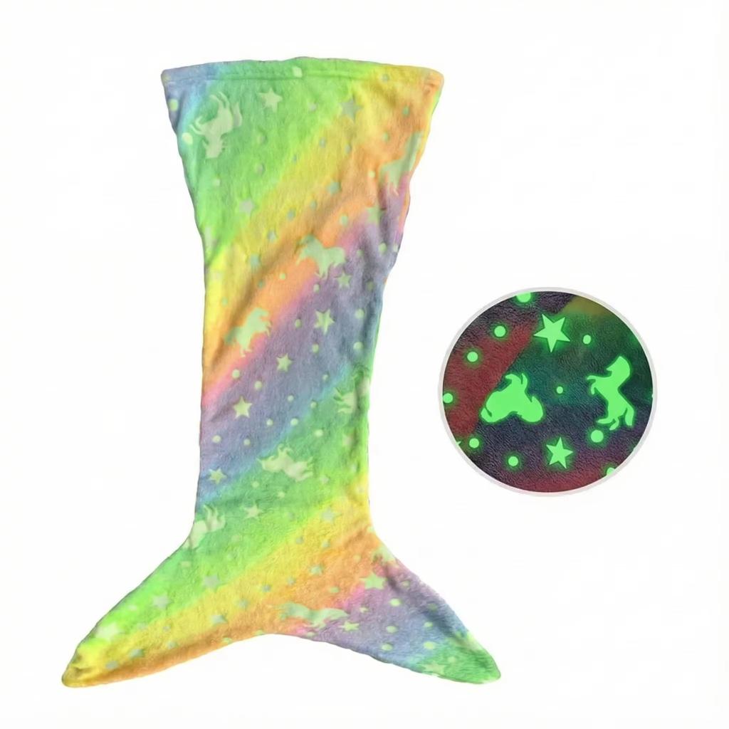 New Night Glow Mermaid Tail Blanket Soft Flannel Wearable Cute Blankets Gifts for Girls All Seasons Beautiful Rainbow Blanket