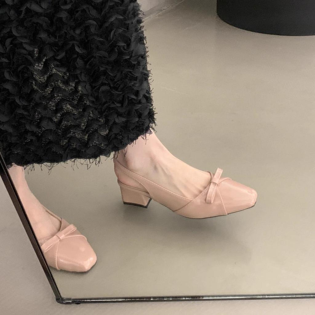 Gentle Wind Temperament with Skirt Thick Heel Square Head Single Shoes New French Bow Empty Bag Head Sandals Women