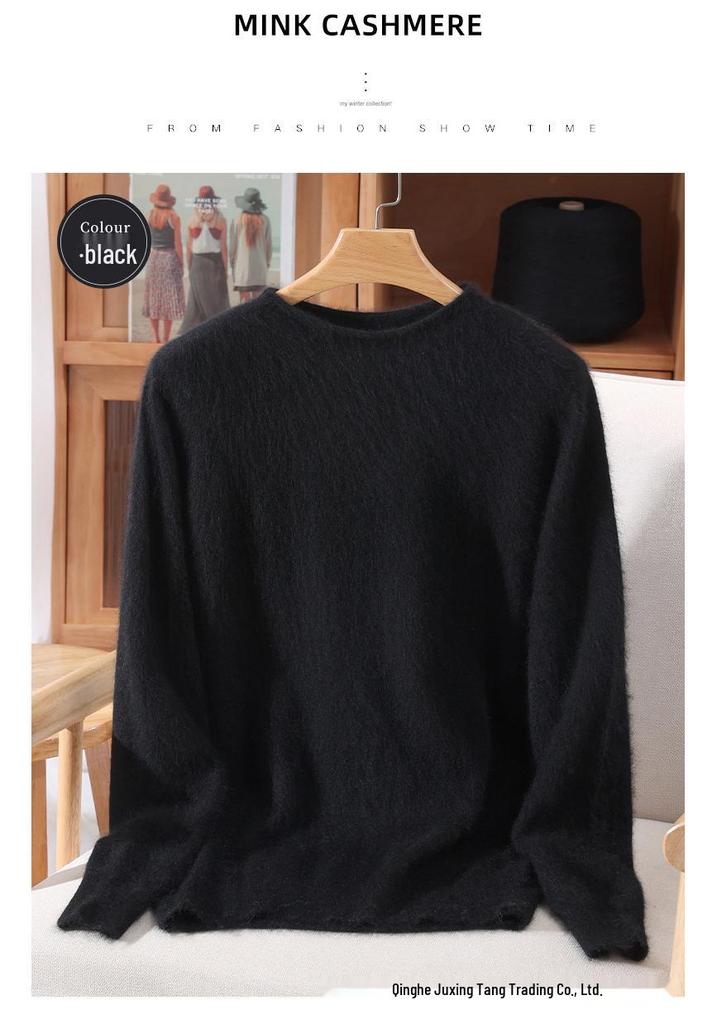 Women's Mink Cashmere Short Sweater with Half-High Collar and Rabbit Fur Knit, Slimming Fit