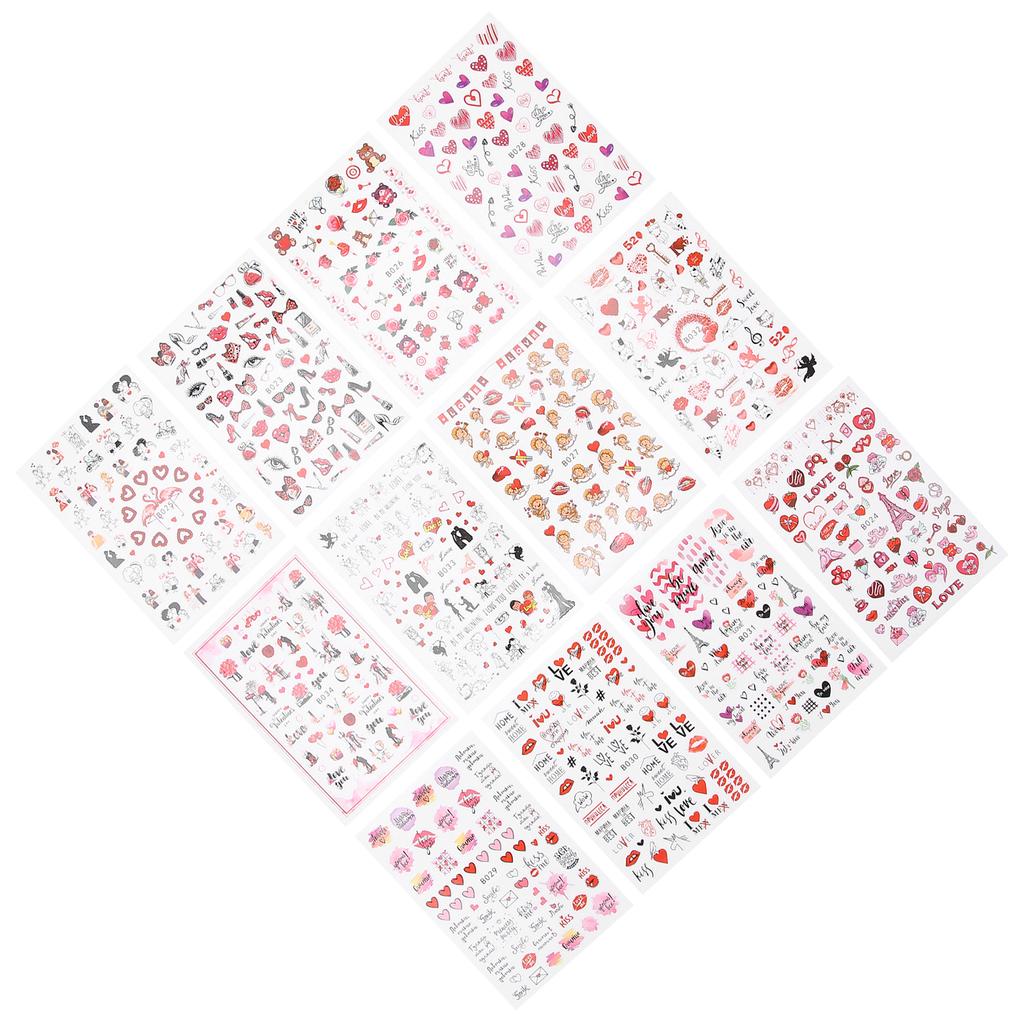 12 Sheets Valentine's Day Nail Art Stickers Red Lips Heart Shape Nail Decal Decoration