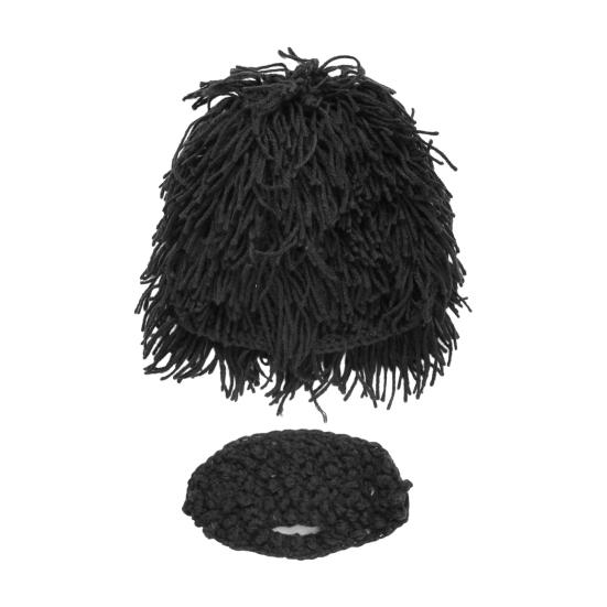 Kids Hat with Detachable Soft Yarn Straight Hair Wig Punk Style Mustache Warm Knitted Beard Cosplay