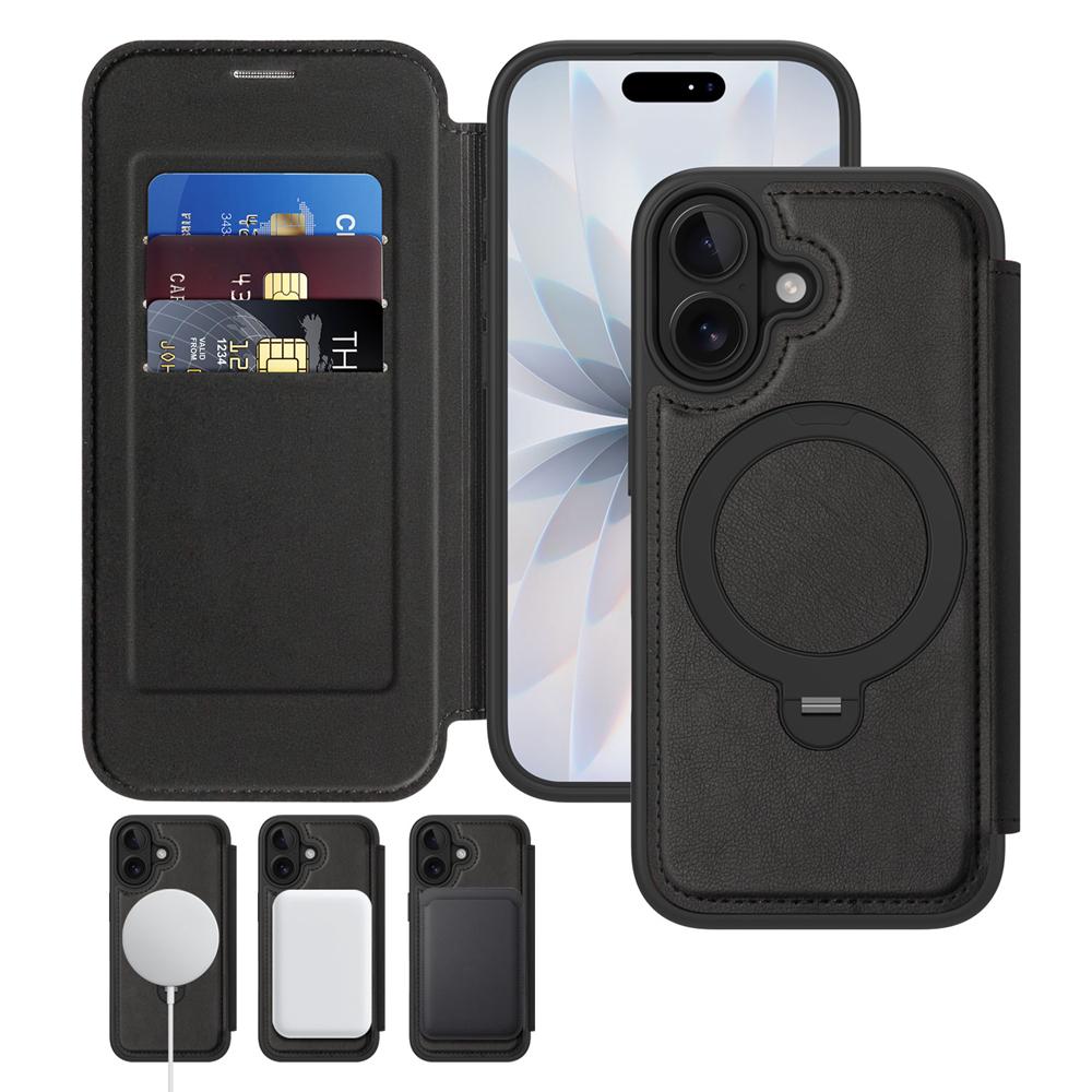 KEYSION Leather Flip Wallet Case for iPhone 15 16 17 Pro Max Air 16Plus 16e Cards Slots Magnetic 360 Ring Stand Phone Back Cover