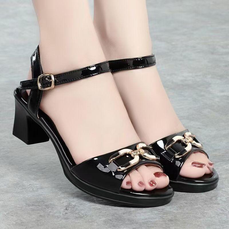 2025 summer new sandals women's soft leather soft sole medium heel thick heel mother fish mouth leaking toe with fashion women's shoes