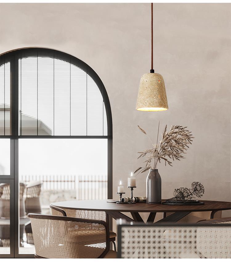 Yellow Travertine Stone Pendant Lamp: Japanese Wabi-Sabi Style for Bedroom or Restaurant