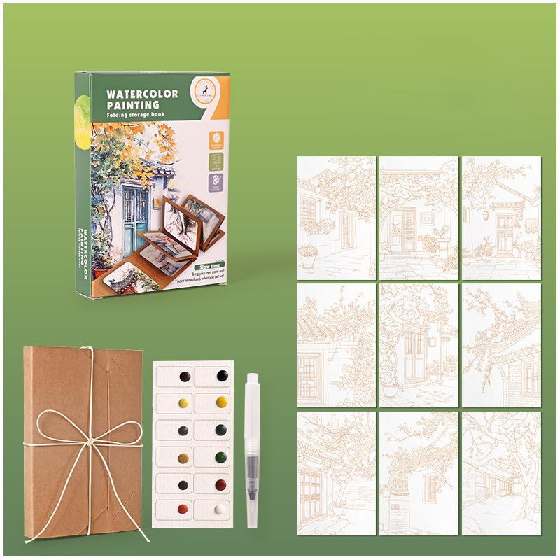 9 Sheets/set Watercolor Painting Folding Storage Book with A Pen Holiday Birthday Gift