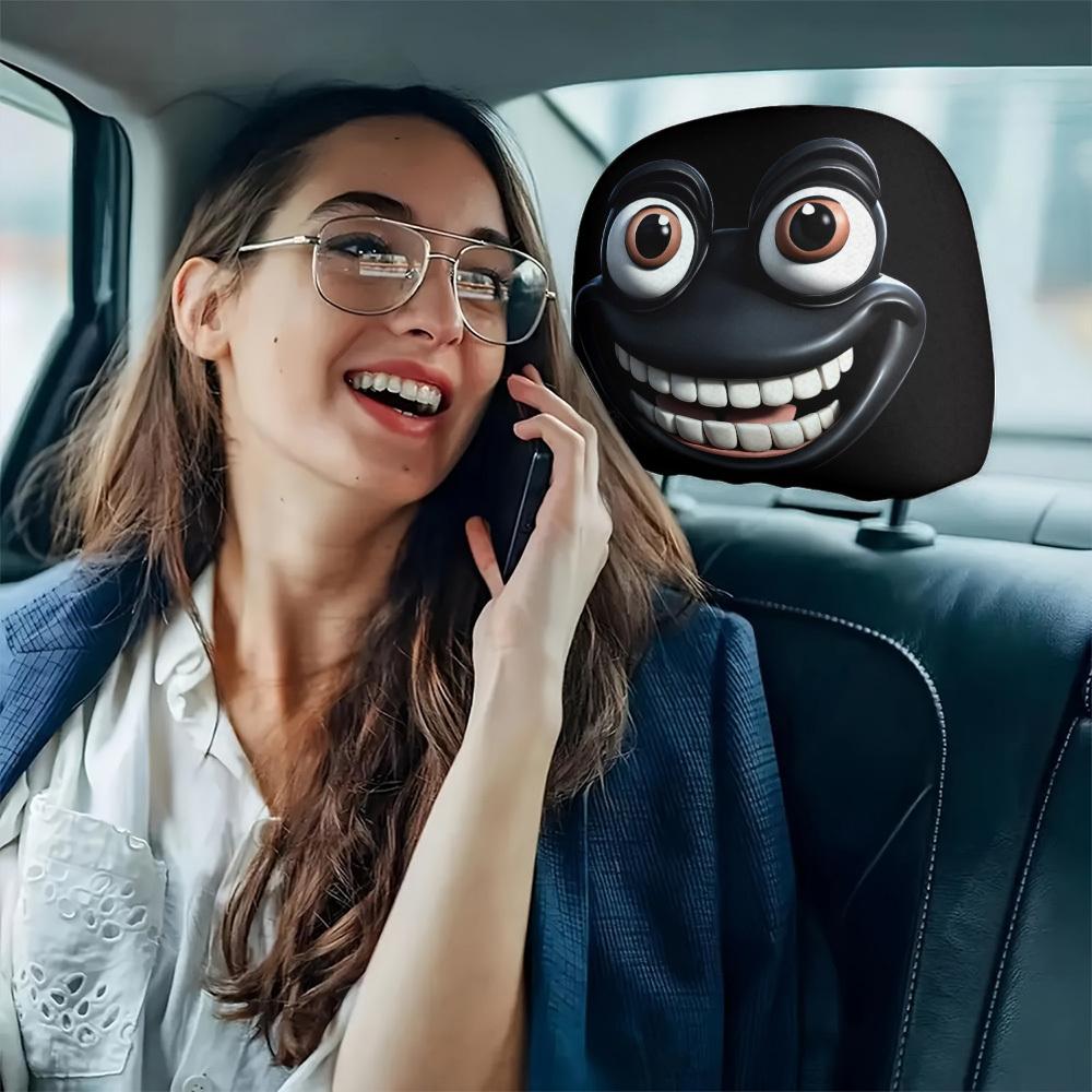 2pcs Fun Cartoon Face Car Headrest Covers Pillowcase Soft Comfortable Decorative Washable Polyester Seat Covers Car Accessories
