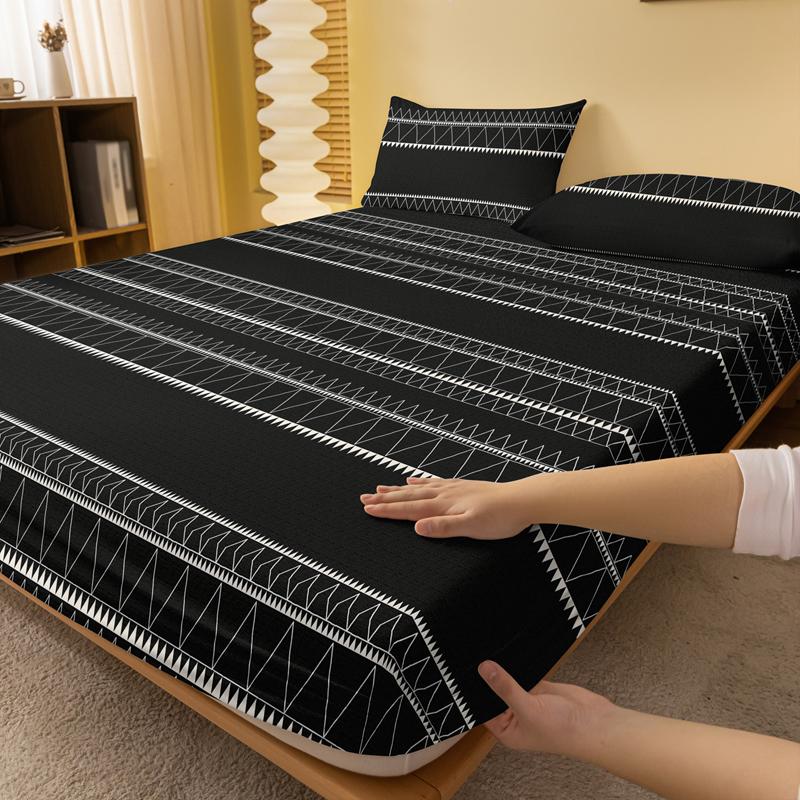 1 Simple Modern Geometry Printed Matte Fitted Sheet, Bedroom Printed Bed Cover, Bedding (Excluding Pillowcases)