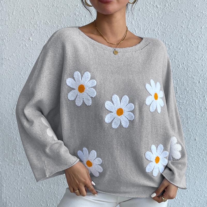 Sweet Floral Embroidered One-Shoulder Knit Pullover Sweater - 2024 European & American Style