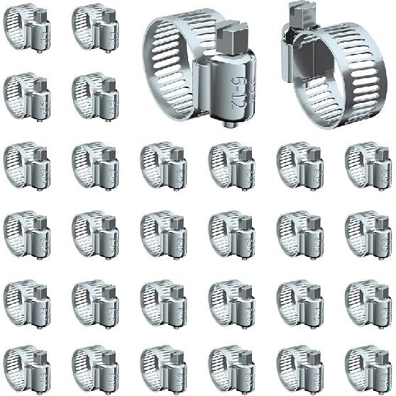 Hose Clamp Set - 30PCS 1/4 –7/16 Inch 304 Stainless Steel Worm Gear Hose Clamps For Fuel Line,Dryer,Garden Water Pipe And Washing