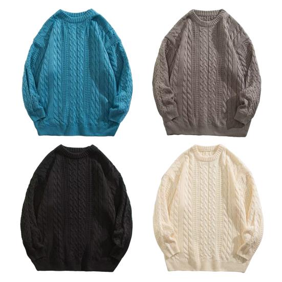 Men Fall Winter Sweater Solid Color Knitted Warm Thick Long Sleeve Loose Anti-shrink Pullover Casual Couple Unisex Sweater