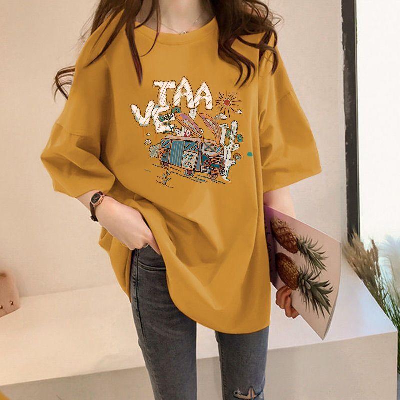 Damen Rundhals Kurzarm T-Shirt Lockerer Schnitt Cartoon Bus Buchstaben Aufdruck T-Shirt Große Größen Sommer Freizeit Oberteil