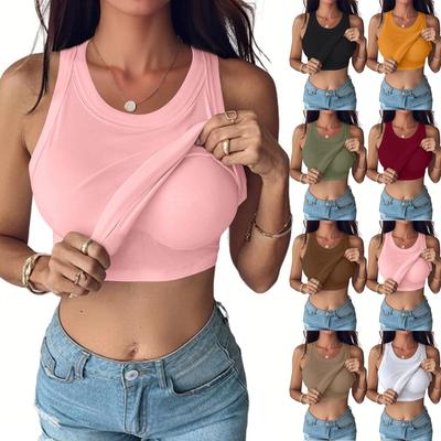 Women’s Ribbed Sleeveless Crop Tank Top Round Neck Stretch Fitted Basic Casual Summer Athletic Shirt