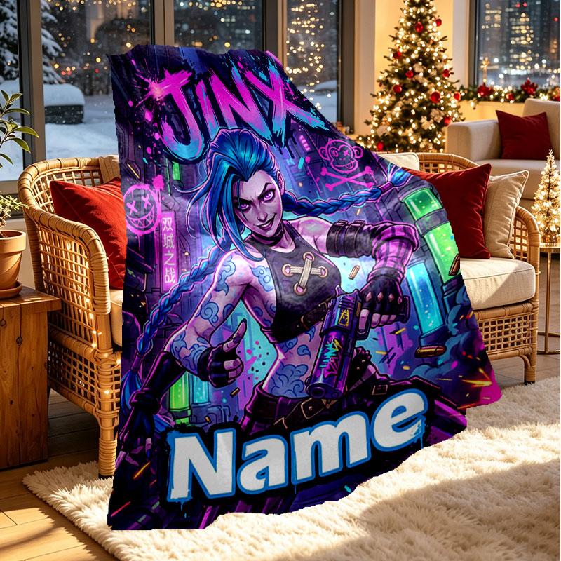Custom Name Personalized Jinx League of Legends Print Blanket, Home Decor, Bedroom, Sofa, Camping, Couch, Gifts for Birthday Christmas
