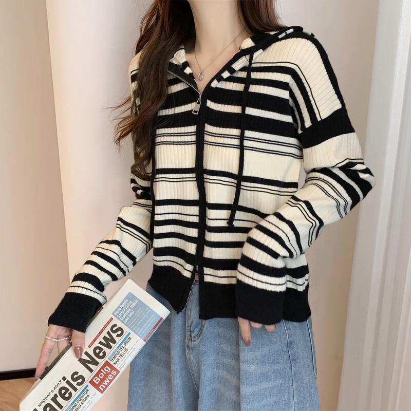 TonLion Youthful Striped Hooded Knit Cardigan