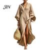 Breathable Casual Dress Women's Cotton Linen Maxi Dress, V Neck Batwing Sleeve Comfortable Daily Wear High Split Loose Beach Sundress with Pockets