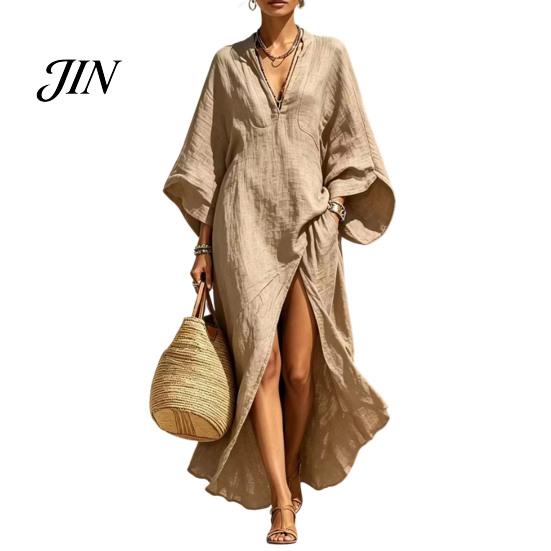 Breathable Casual Dress Women's Cotton Linen Maxi Dress, V Neck Batwing Sleeve Comfortable Daily Wear High Split Loose Beach Sundress with Pockets