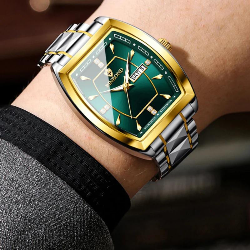 BINBOND Men's Watch Authentic Light Luxury Wine Barrel Steel Belt Waterproof Night Light Calendar Men's Student Quartz Watch