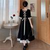 Large size women's short-sleeved skirt new retro black dress women's lisianthus long dress