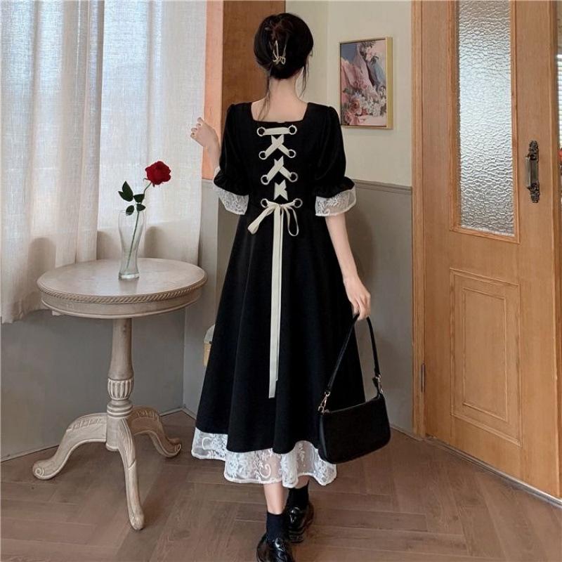 Large size women's short-sleeved skirt new retro black dress women's lisianthus long dress