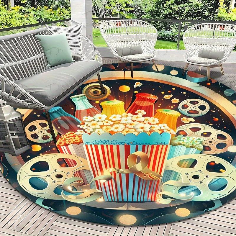 Cinema Popcorn Film Reel Pattern Flannel Rug Printed Round Mat Movie Night Decor Outdoor Garden Patio Floor Covering