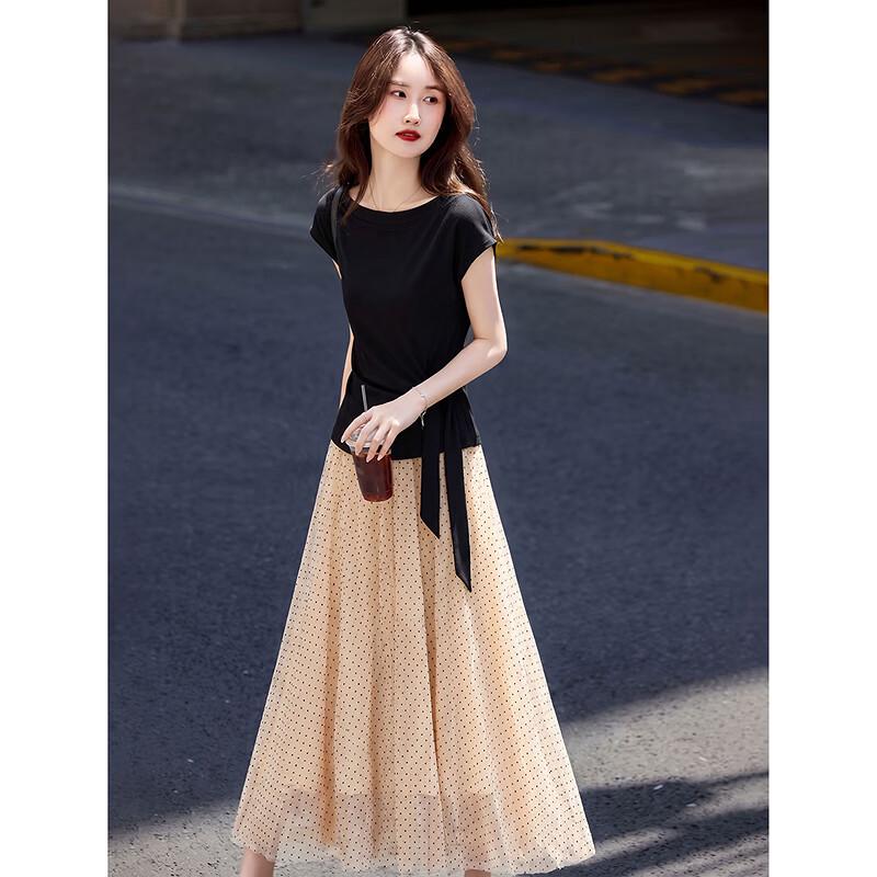 Summer Elegant T-shirt & Mesh Polka Dot Skirt Set