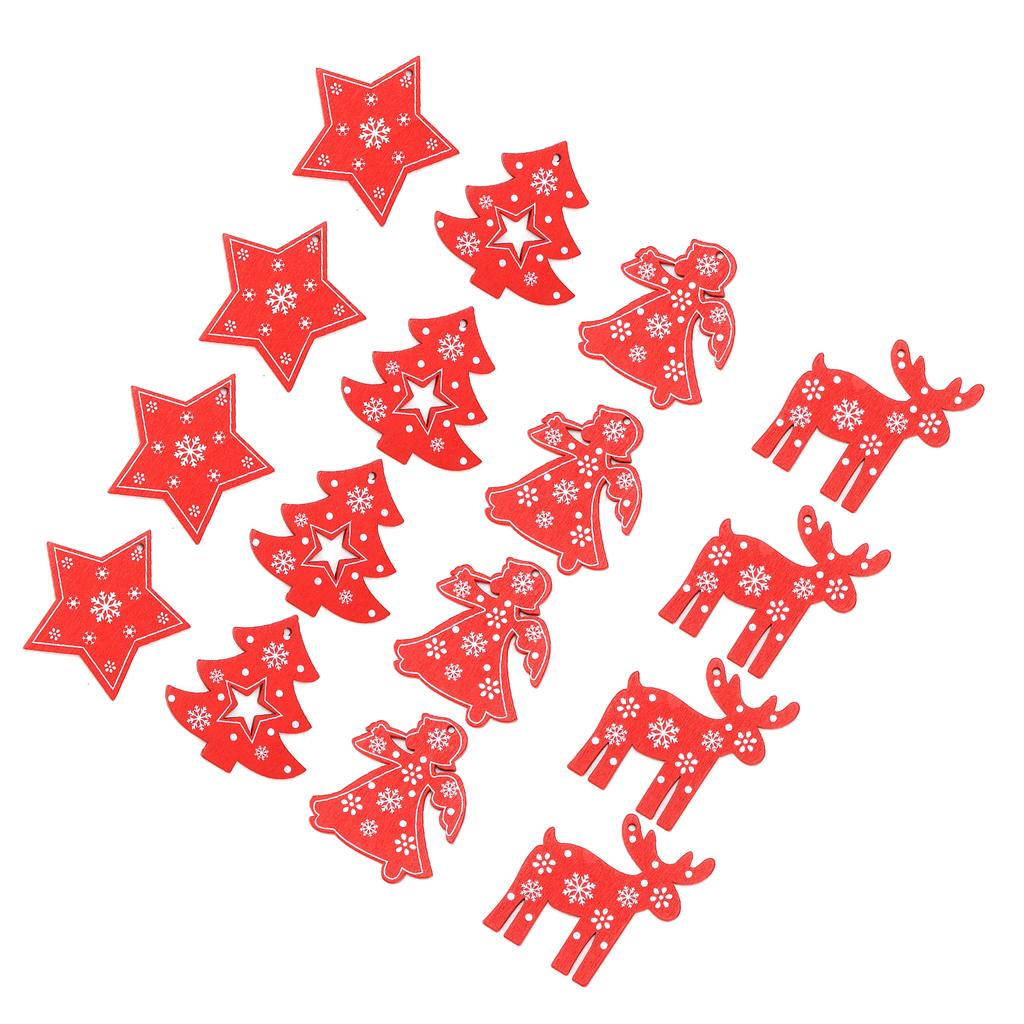 16Pcs Decorative Wood Chips Elk Star Angel Christmas Tree Wooden Hanging Ornaments with Twine