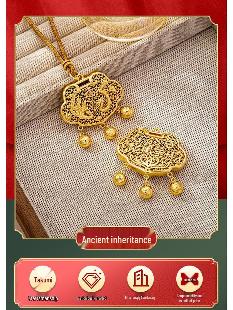 Vietnamese Sand Gold Ruyi Lock Necklace with Dragon & Phoenix Design