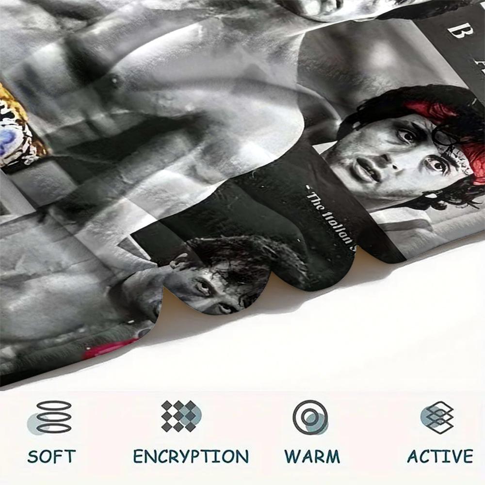1Pc Rocky Print Flannel Blanket, High Quality Comfortable for All Seasons, Home Decor, Warmth and Comfort, Perfect for Christmas Gifts