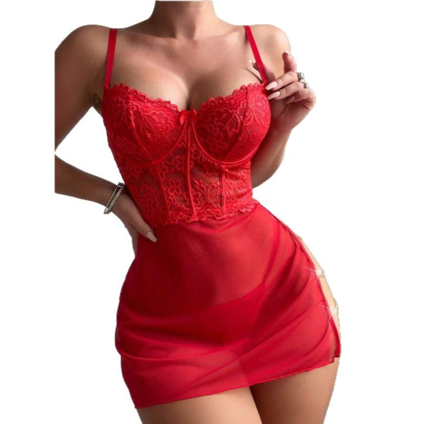 New Sexy Lace Mesh Splicing Open Fork Semi-transparent See-through Erotic Lingerie