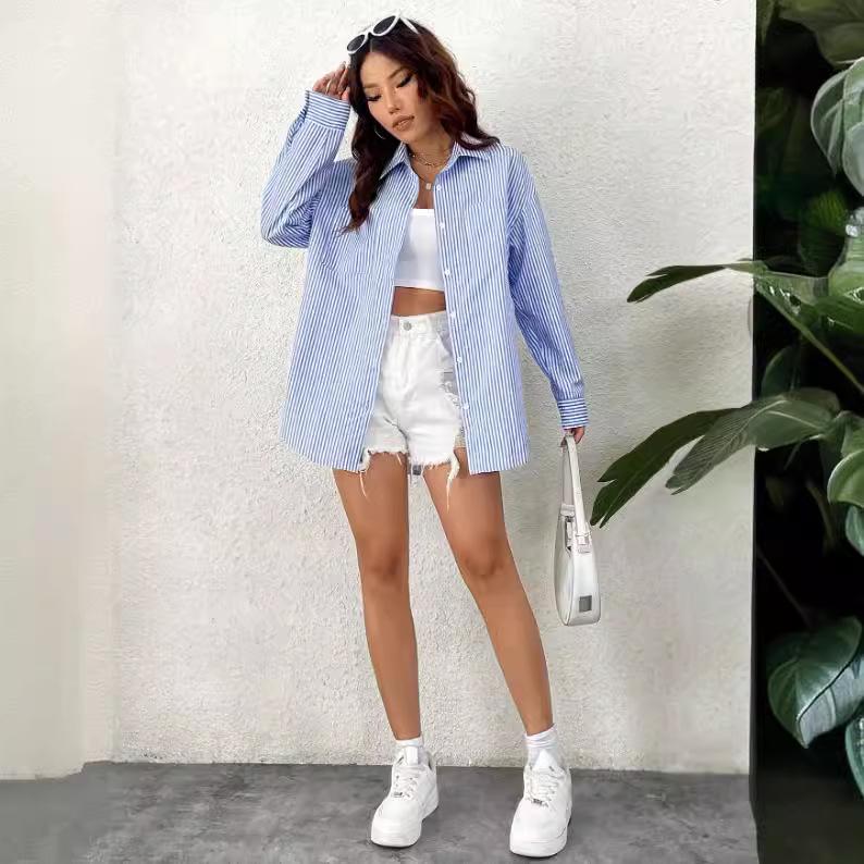 Women's Off-Shoulder Striped Long-Sleeve Casual Shirt