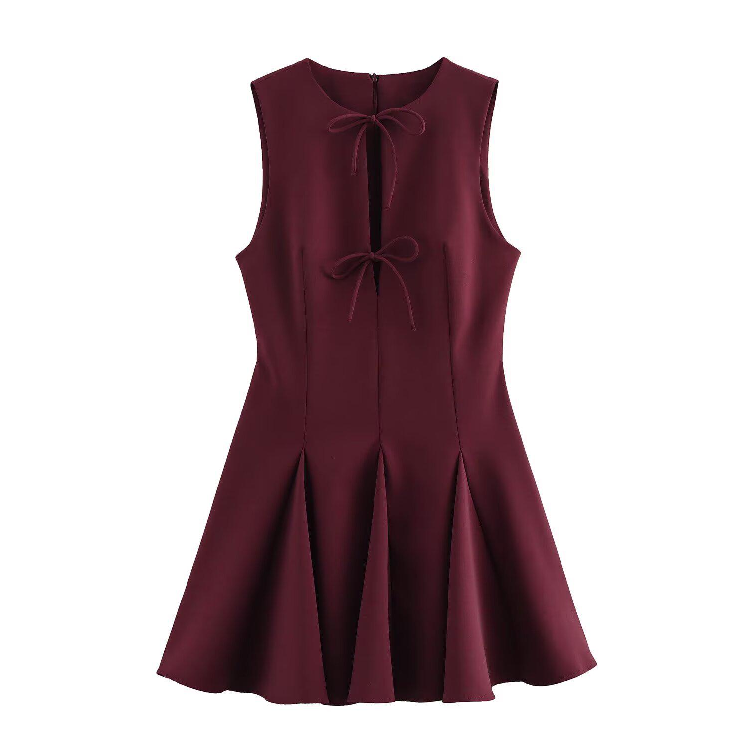 

Spring/Summer 2025 Women s Slim Sweet Swing Dress with Bow Detail L вино красного