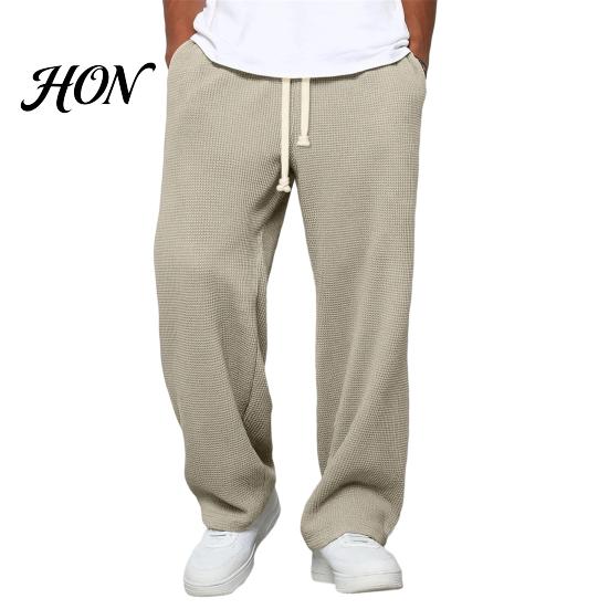 Versatile Outdoor Activewear Men Waffle Baggy Trousers, Wide Leg Drawstring Waist Slacks, Loose Fit Relaxed Travel Pants Casual Sweatpants with