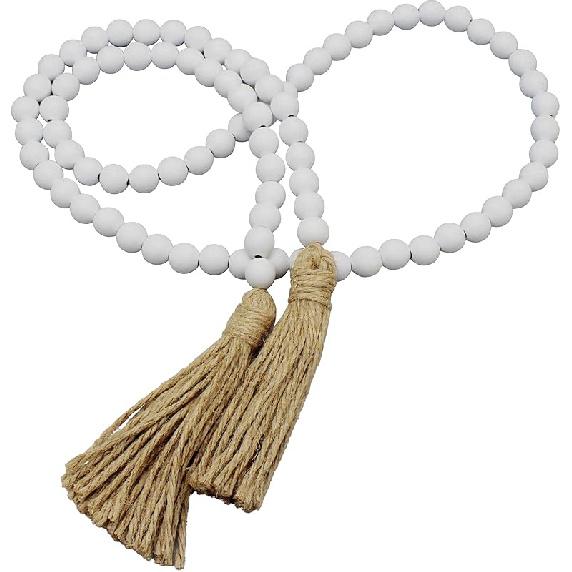 CVHOMEDECO. Wood Beads Garland with Tassels Farmhouse Rustic Wooden Prayer Bead String Wall Hanging Accent for Home Festival Decor. Mix Distressed